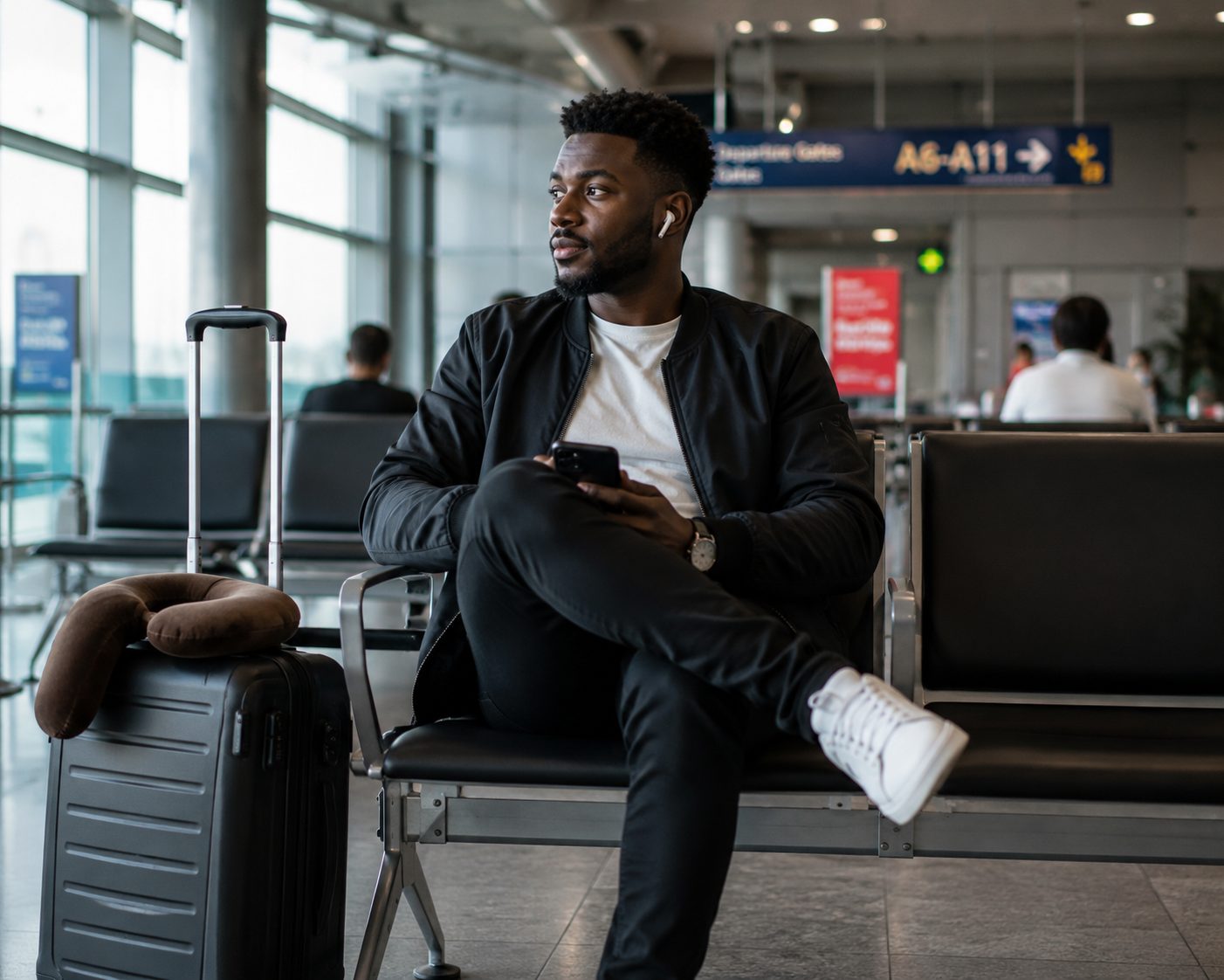 Traveller waiting at the airport gate with luggage, ready to fly with Aeromidas